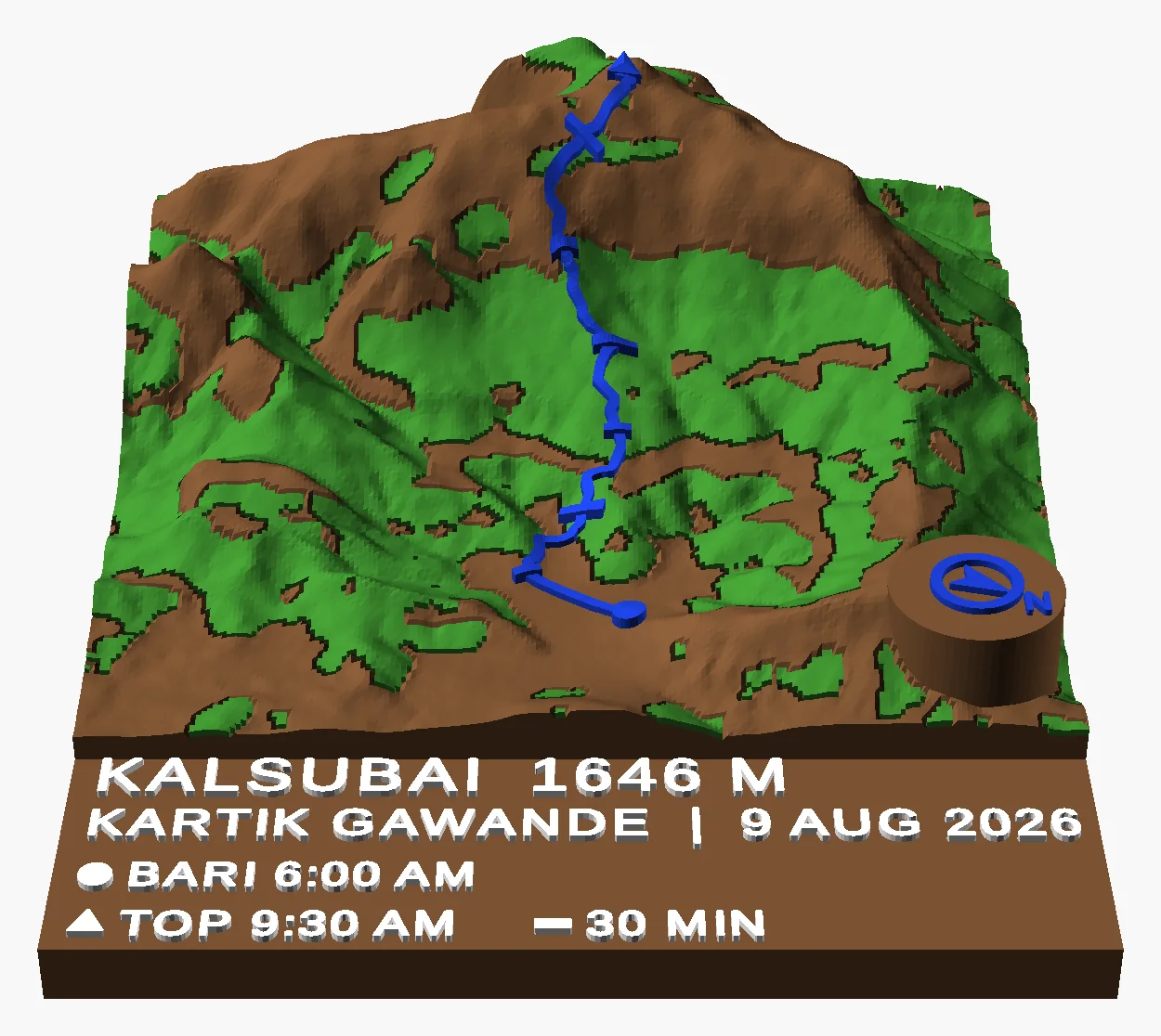 A Trek Tile: a 3D-printed map of Kalsubai with the trail in blue and a name plate